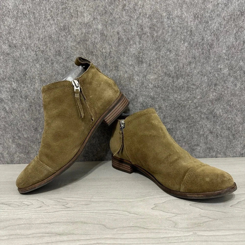 TOMS Reese Suede Ankle Booties Olive Green Women US Size‎ 7 Side Zip Boot